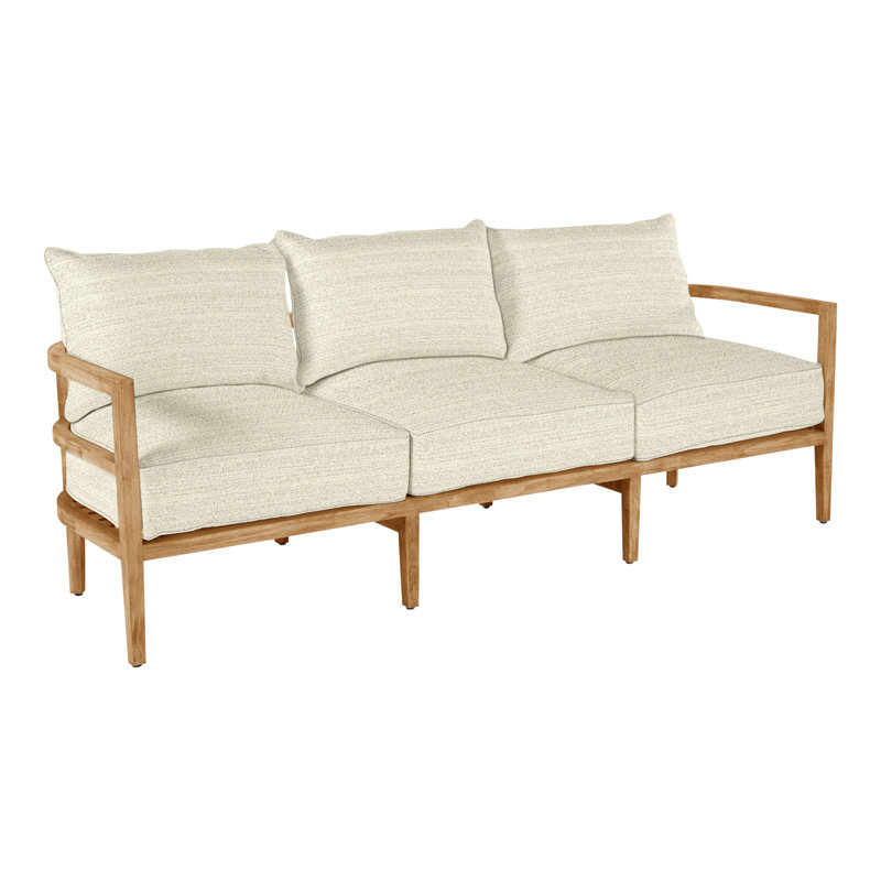 Santa Barbara 87" Wide Outdoor Teak Patio Sofa with Cushions, No Welt, Herringbone Sand, Natural Teak