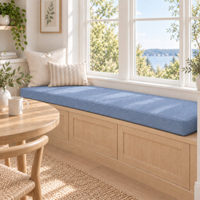 Coussin de banc d'extérieur personnalisé de 2 pouces d'épaisseur avec housse en lin synthétique, mousse haute résilience 75D, dessous antidérapant et passepoil simple