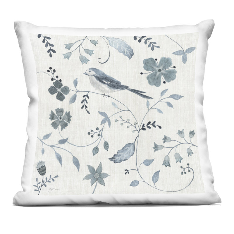 Coussin décoratif à motif de fleurs et d'oiseaux perchés, imprimé par Janet Tava