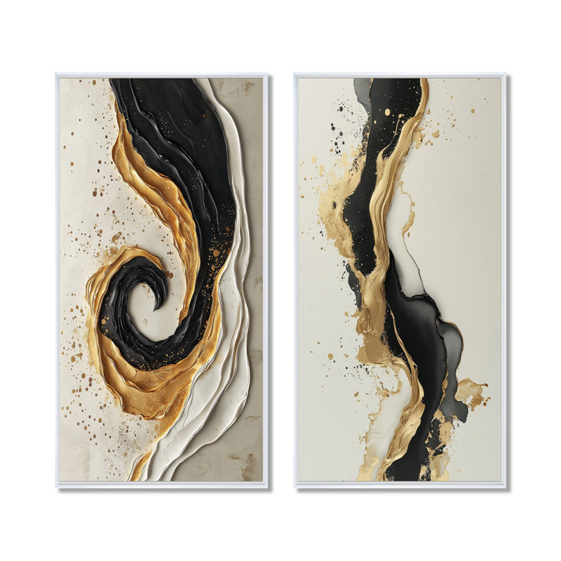 Goldern, transitionnel, encre liquide foncé I - Collection abstraite d'art mural 2 panneaux, H 32 po x l 33 po