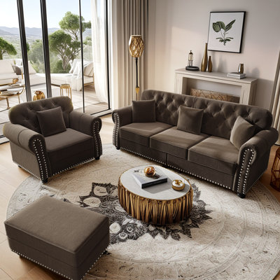 Ensemble de salon, canapé en velours avec fauteuil et repose-pieds Mid-Century 3 pièces