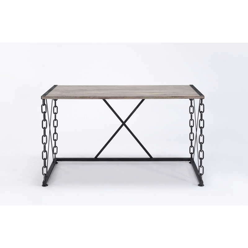 Bureau rectangulaire rustique en chêne et noir antique, plateau en placage de papier, piètement industriel en chaînes, profondeur d'écriture de 61 cm, structure tubulaire en métal, poids du colis : 24 kg.