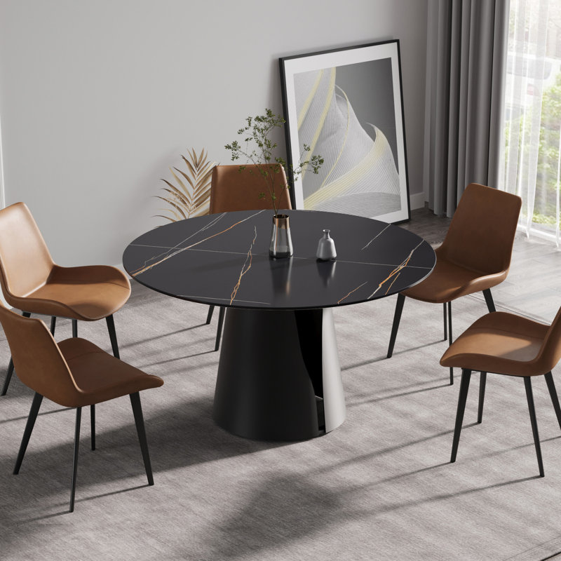 Table de salle à manger moderne en pierre artificielle ronde en acier au carbone noir pouvant accueillir 6 personnes (seulement les tables, pas de chaises)