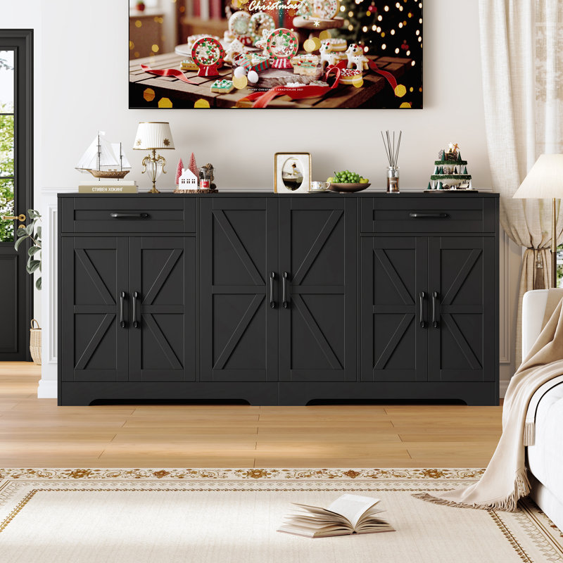 71'' Large Farmhouse Sideboard with Adjustable Shelves and 2 Large Drawers, Black