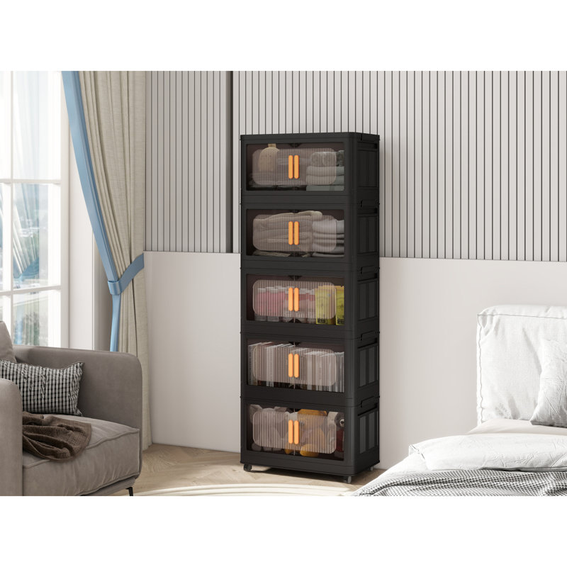 Black, 24" Side Wide Folding Storage Cabinet ,5 Tiers,23.62"×13.78"×59.84",Collapsible Storage Bins With Magnetic Door, Plastic Storage Cabinet With Wheels