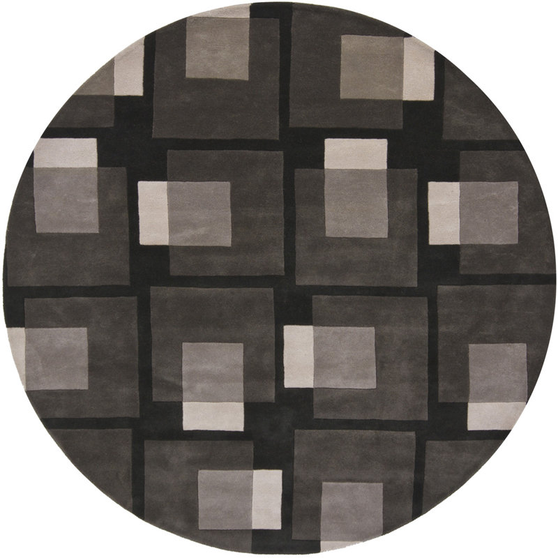 Bense Garza Hand Tufted Wool Modern Area Rug in Black/Gray/Ivory, Round 7'9"