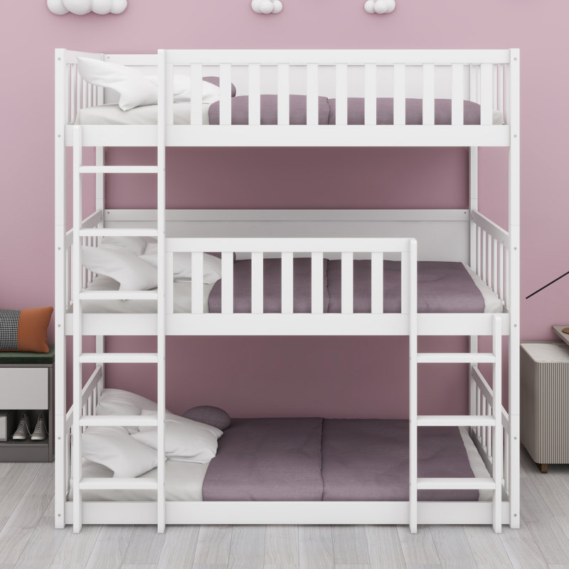 Lit superposé triple en bois, avec échelles, lit superposé détachable avec garde-corps, White