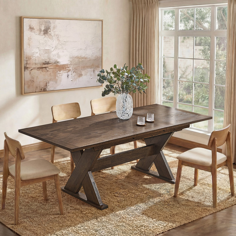  Neree 70.9-90.6"W Farmhouse Extendable Dining Table with Solid Wood Frame, Brown