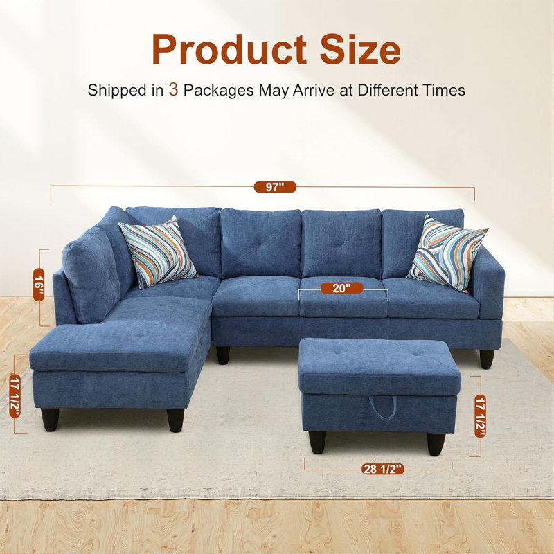 3-Piece Linen Sectional Sofa, Left Hand Facing, Blue