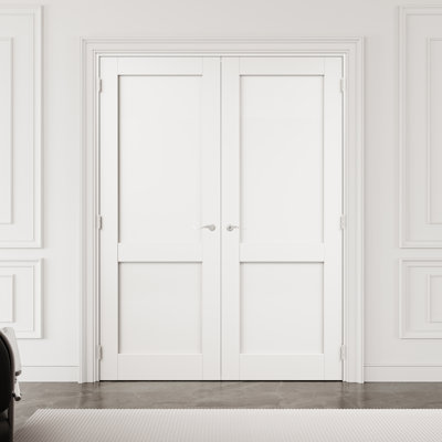 64" x 80" 2-Panel Interior French Door with Silver Hardware & Latch & Door Lever, Solid Core Door Slab, Paintable & Waterproof, Suit for Laundry, Closet Doors, Room Doors, Assembly Required