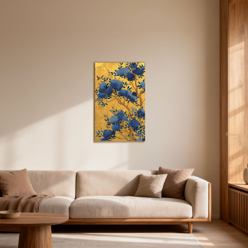 Plantes et fleurs Fleurs bleues sur fond doré avec oiseaux, H 16 po x l 24 po