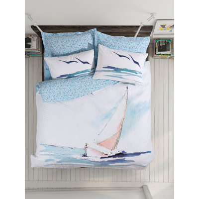 Ensemble de housse de courtepointe 100% coton Ranforce, bleu et blanc, 63 x 87 | Comprend un drap plat 63 x 94 et une taie d'oreiller 20 x 28 | Lavable à la machine, 145 fils, impression de pigments, fermeture à boutons | Literie douce et durable