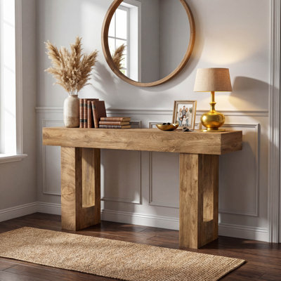 63 Inch Long Farmhouse Console Table with Storage, Solid Wood with Natural Grain for Entryway, Living Room, and Hallway in Natural Wood Finish