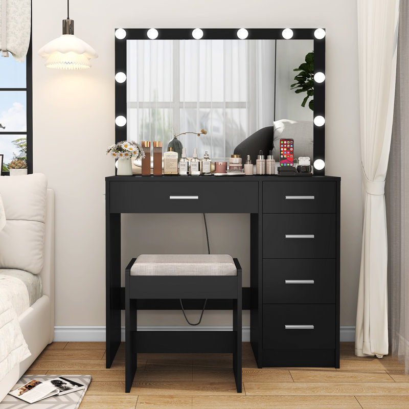 Coiffeuse avec lumières et tabouret Jaq, Noir