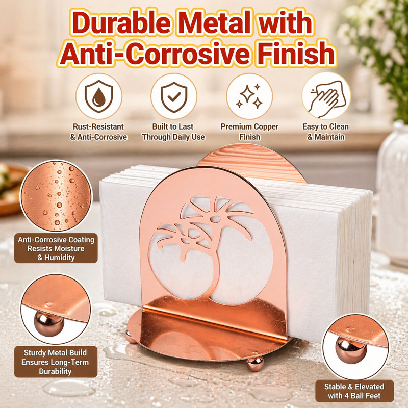 Creative Home Copper Plated Metal Napkin Holder Tabletop Organizer with Tomato Motif Cutout