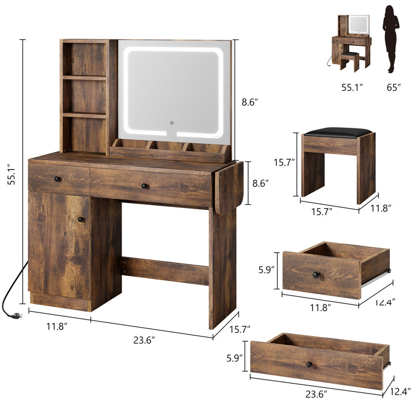 Meuble-lavabo avec miroir et lumières DEL - station de charge, grande armoire de rangement, 2 tiroirs, 3 tablettes, éclairage réglable - commode de jeu pour filles - brun rétro
