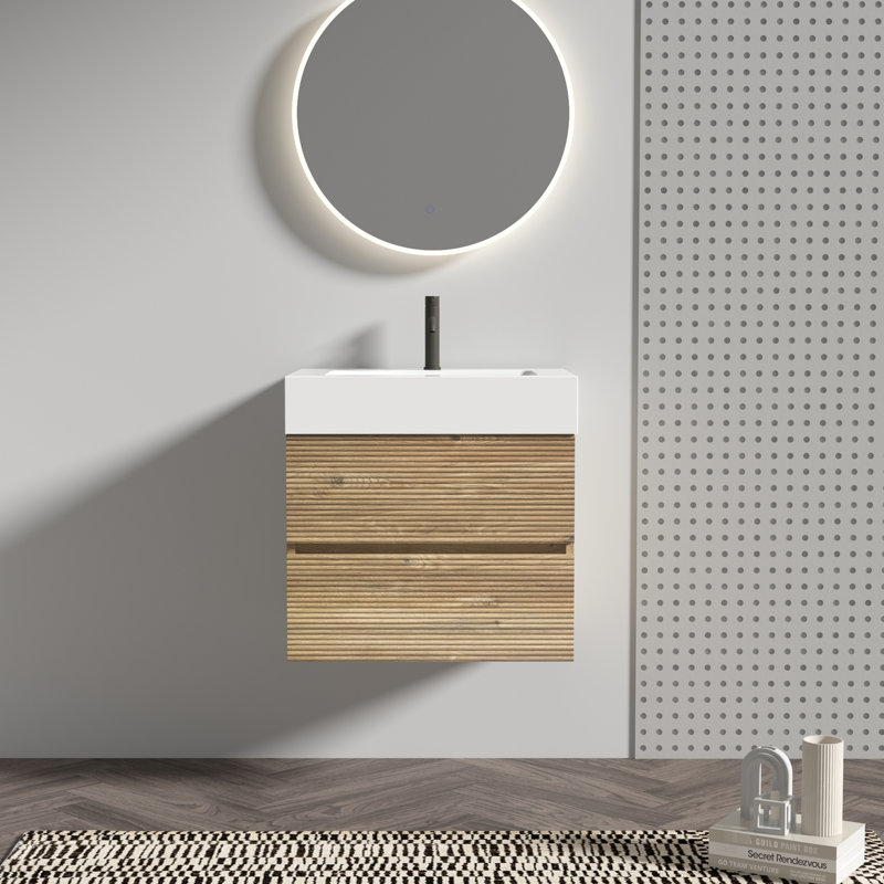 Meuble-lavabo mural, aspect chêne brut, lavabo en quartz blanc, tiroirs silencieux, finition à base d'eau de qualité E0, meuble-lavabo moderne de 24,16 po de hauteur avec panneau grillagé, trous de drainage en forme de U,