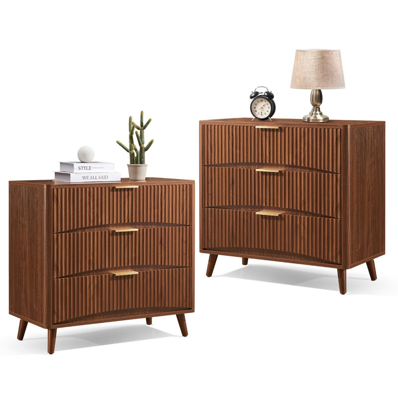 Large Fluted Nightstand Set Of 2,  3 Drawer Night Stand Bedside Table, Mid Century Modern Small Wood Dresser For Bedroom