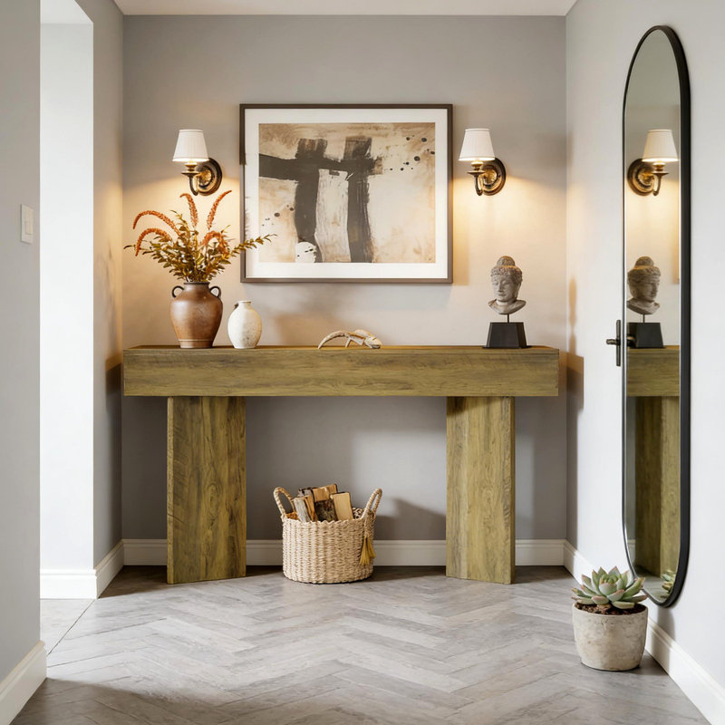 Table d'appoint rustique, console compacte, canapé