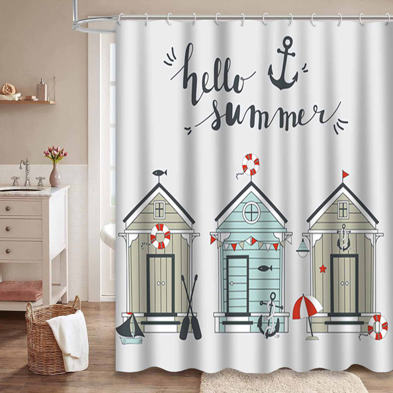 Beach House Summer Nautical Lines Waterproof Shower Curtain with 12 Hooks, 72" L x 78" W