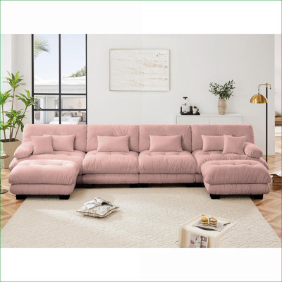 Canapés modulaires | Canapé modulaire moderne en U à 4 places pour salon avec 2 repose-pieds | Rose | Chenille