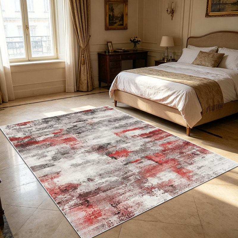 1PC Distressed Red & Grey Abstract Vintage Textured Brushstroke area rugs for Living Room, Soft and Comfortable, Suitable for all seasons, easy-to-maintain, machine washable Indoor floor mat, Under Table Farmhouse suitable for Dining Room, Bedroom.