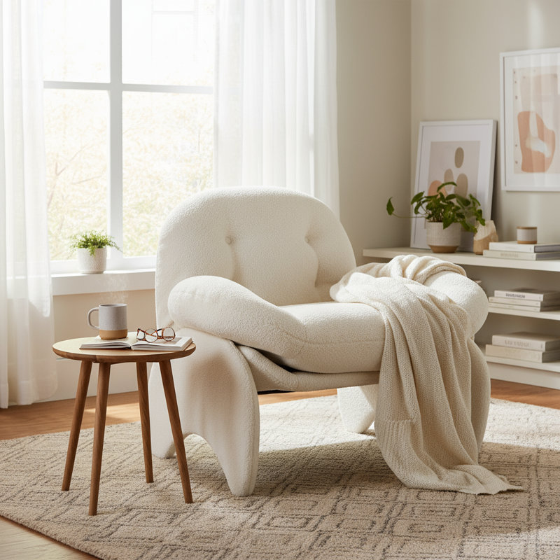 33.75'' W Modern Crab Style Chenille Fabric Upholstered Accent Chair With Metal Frame, White Boucle