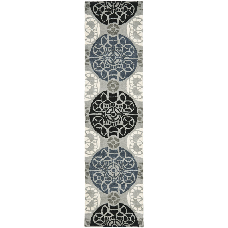 Tapis bleu / gris / noir en laine / viscose touffeté à la main Eaton Wyndham, Tapis de couloir 2 pi 3 po x 13 pi