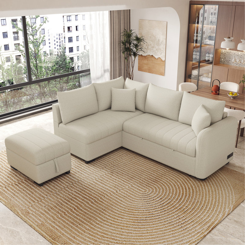Canapé-lit modulaire coulissant avec repose-pieds Nikolas, Polyester beige