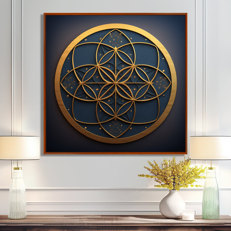 Sacrement de la géométrie sacrée bleue sceau I - art mural abstrait géométrique, 36" H x 36" W, Cadre flottant noir