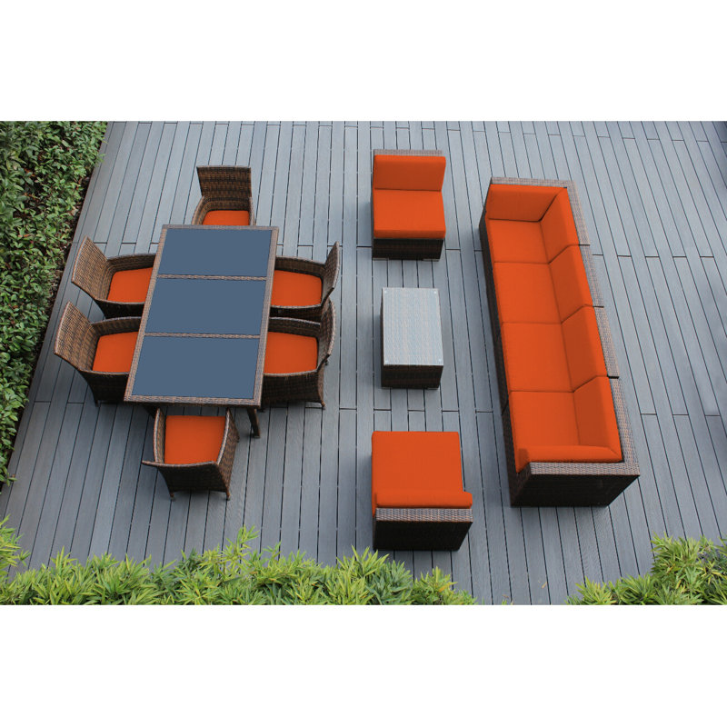Ensemble de patio complet en rotin avec coussins 14 pièces Pavior, Mélange de bruns, Toile Sunbrella® toscan
