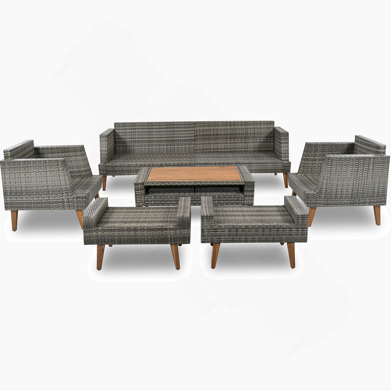 6-Pieces All Weather PE Wicker Sofa Set, Outdoor Rattan Sofa With Double Cushions, Wood Legs Wood Table Top, Beige And Gray