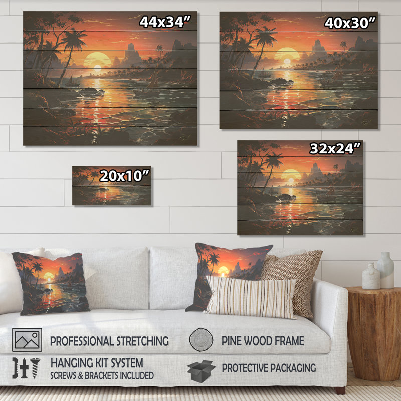«Vintage Tropical Coastline Paradise V» - Tropical côtier sur impression sur bois, H 10 po x l 20 po
