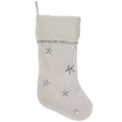 20" White with Silver Stars Christmas Stocking with Faux Fur Cuff