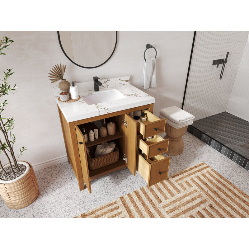 Meuble-lavabo simple 36 po avec plateau Chicago Teak, Calacatta Laza