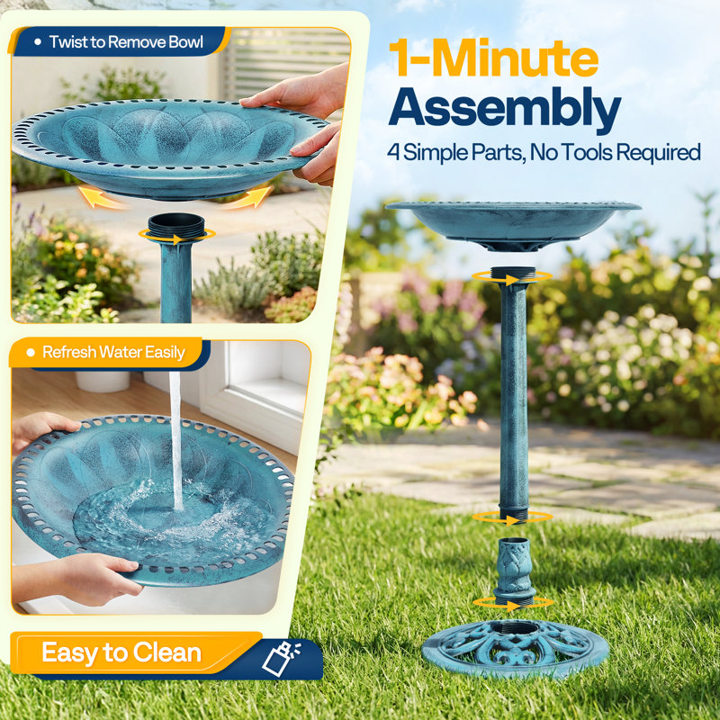 Outdoor Polyresin Antique Bird Bath with Solar Powered Round Pond Fountain, Blue