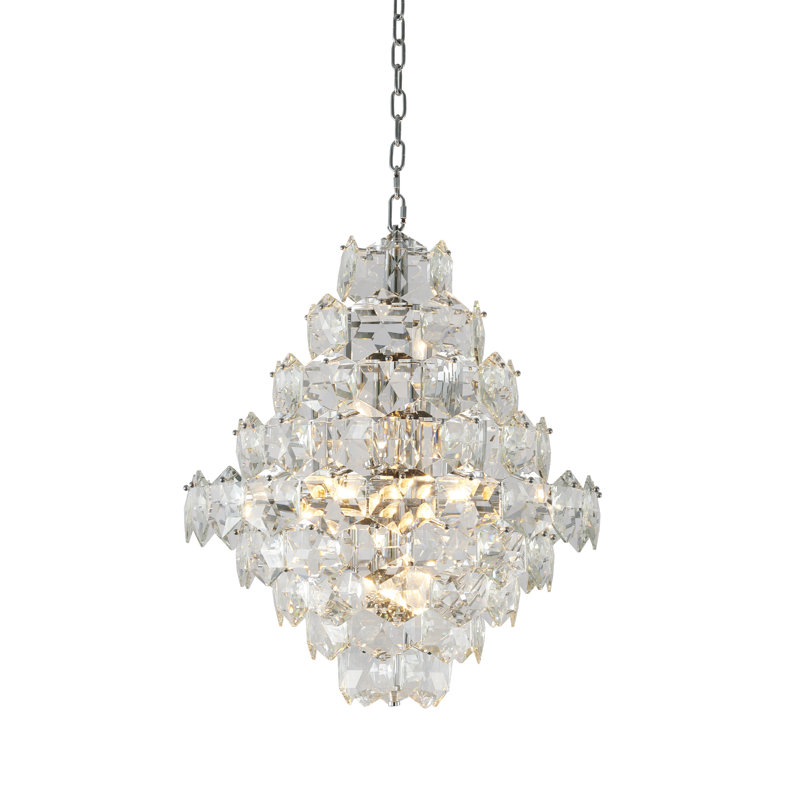 Lustre 12 lumières en acier inoxydable chromé avec détails en cristal transparent, Chrome