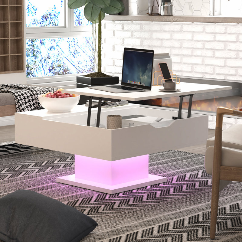 78x78x40 cm Square Lift Top Coffee Table with LED Lights, Hidden Storage, White