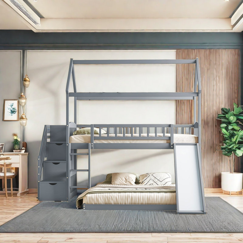 Lit simple superposé au dessus d'un lit double avec glissière et escalier de rangement, Gris