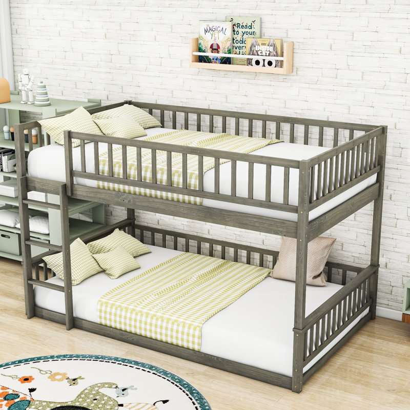 Queen Over Queen Wood Bunk Bed With Guardrails And Ladder, Gray