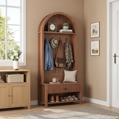 Portemanteau avec banc et rangement pour chaussures, portemanteau 4-en-1 et armoire à chaussures avec 4 crochets, organisateur de maison de campagne pour couloir et vestibule, finition naturelle