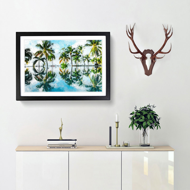 Palm Tree Reflections in Mauritius - Picture Frame Painting Print, 36cm H x 48cm W x 2cm D, Black Framed