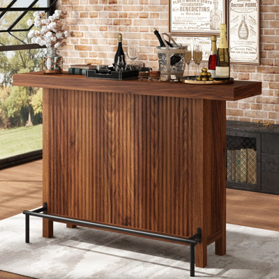 2-Tier 63'' Home Bar Table With Footrest Fluted Design Mini Coffee Bar Cabinet Kitchen Pub Bistro Dining Room