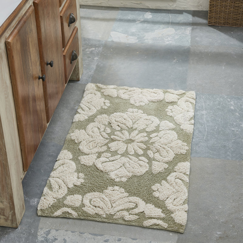 Danitra 100% Cotton 1885 GSM Bath Rug with Non-Slip Latex Backing, Soft Absorbent Machine Washable Bathroom Mat, Medallion Design, 24" x 40", Sage