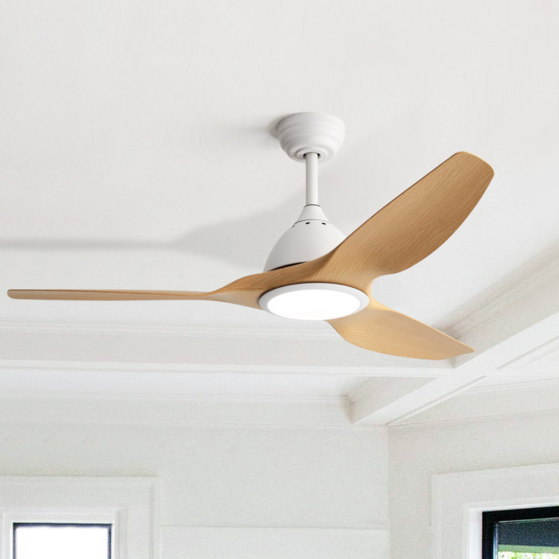 Ventilateur de plafond moderne à 3 pales de 52 po avec lumière DEL et télécommande Ladedra, Blanc avec pales en bois naturel