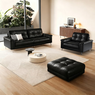 Black Genuine Leather 3 - Piece Living Room Set