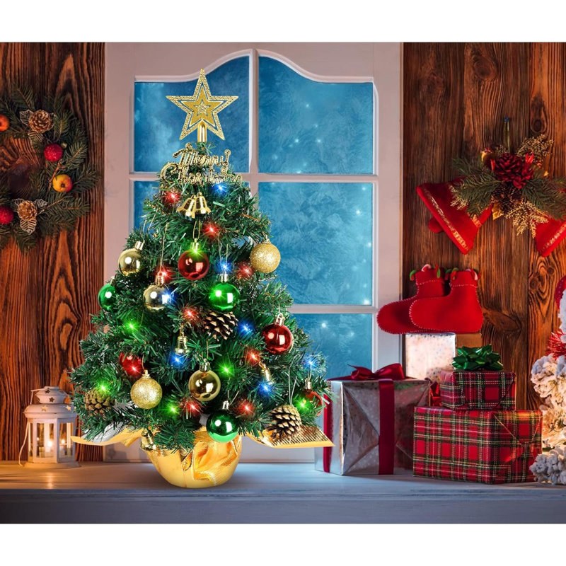 22-Inch Green Plastic Tabletop Christmas Tree with LED Lights and Ornaments