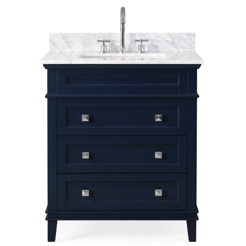 Guerra 30'' Single Bathroom Vanity with Marble Top, Navy Blue