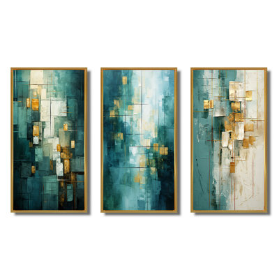 California Sunshine Retro abstrait bleu sarcelle - ensemble de 3 peintures d'art abstrait