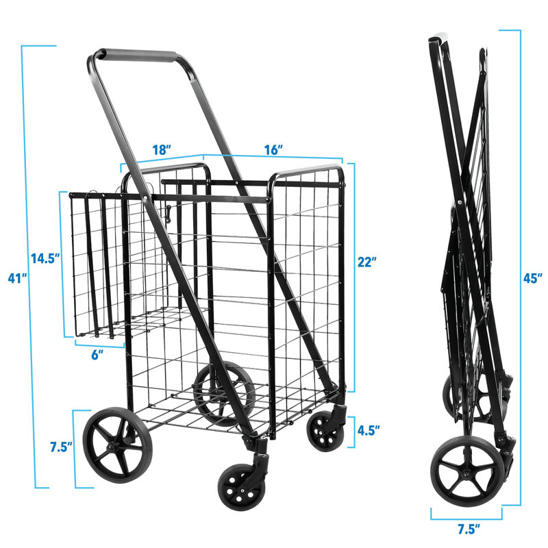 Black Metal Foldable Utility Cart with Dual Baskets